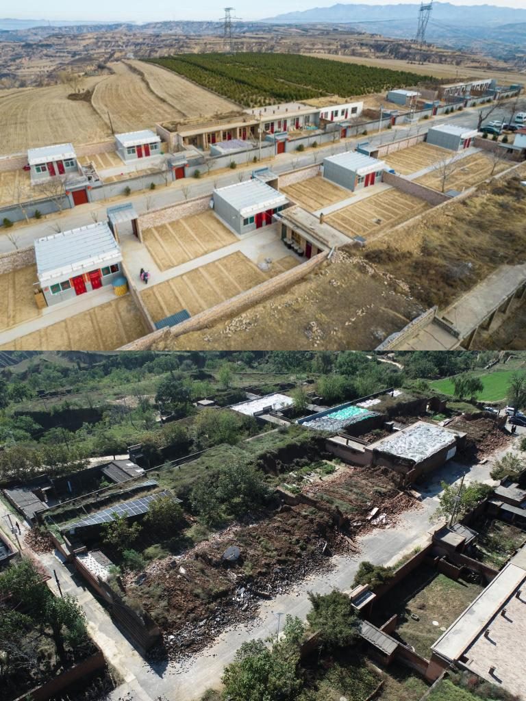 拼版照片，上圖是2022年1月山西省霍州市師莊鄉(xiāng)馮南垣村災(zāi)后恢復(fù)重建后的場景，下圖是2021年10月村莊因?yàn)?zāi)受損的場景。(霍州市委宣傳部供圖)