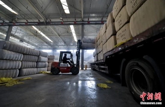 新疆喀什綜合保稅區(qū)，喀什啟路國際貿(mào)易有限公司的倉庫內(nèi)，工人正在裝載從塔吉克斯坦和烏茲別克斯坦進口的棉花。劉新攝