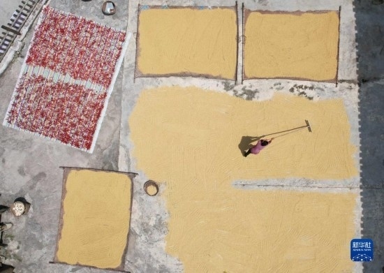 9月16日，村民在貴州省黔東南苗族侗族自治州施秉縣馬溪鄉(xiāng)王家坪村晾曬稻谷（無人機(jī)照片）。