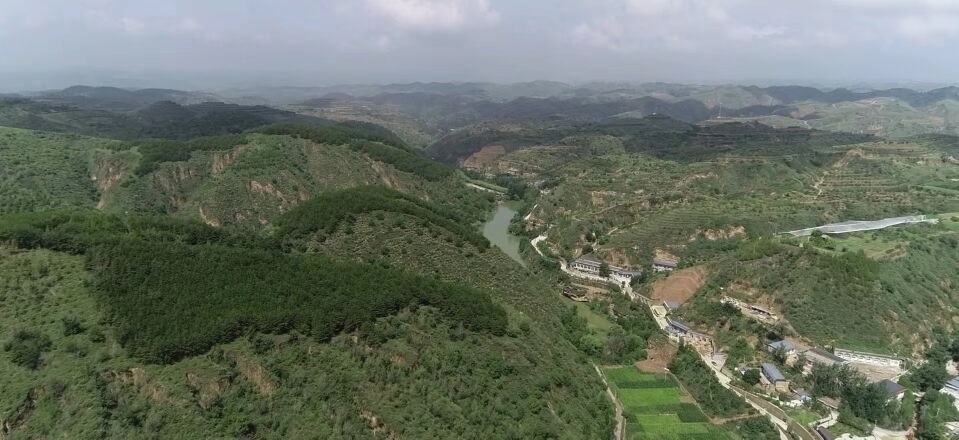 黃土溝壑中的高西溝村滿眼綠色（無人機照片，2023年7月26日）。新華社記者陳昌奇 攝