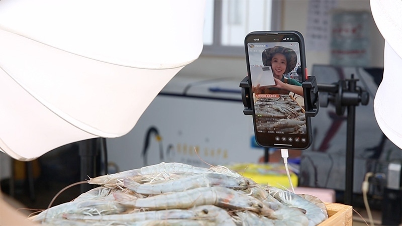 江蘇連云港，村民進(jìn)行直播銷售。范堯攝