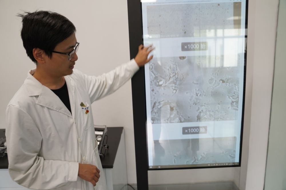 ↑ 工作人員展示瓷片標(biāo)本的配方研究數(shù)據(jù)（2023年5月16日攝）。