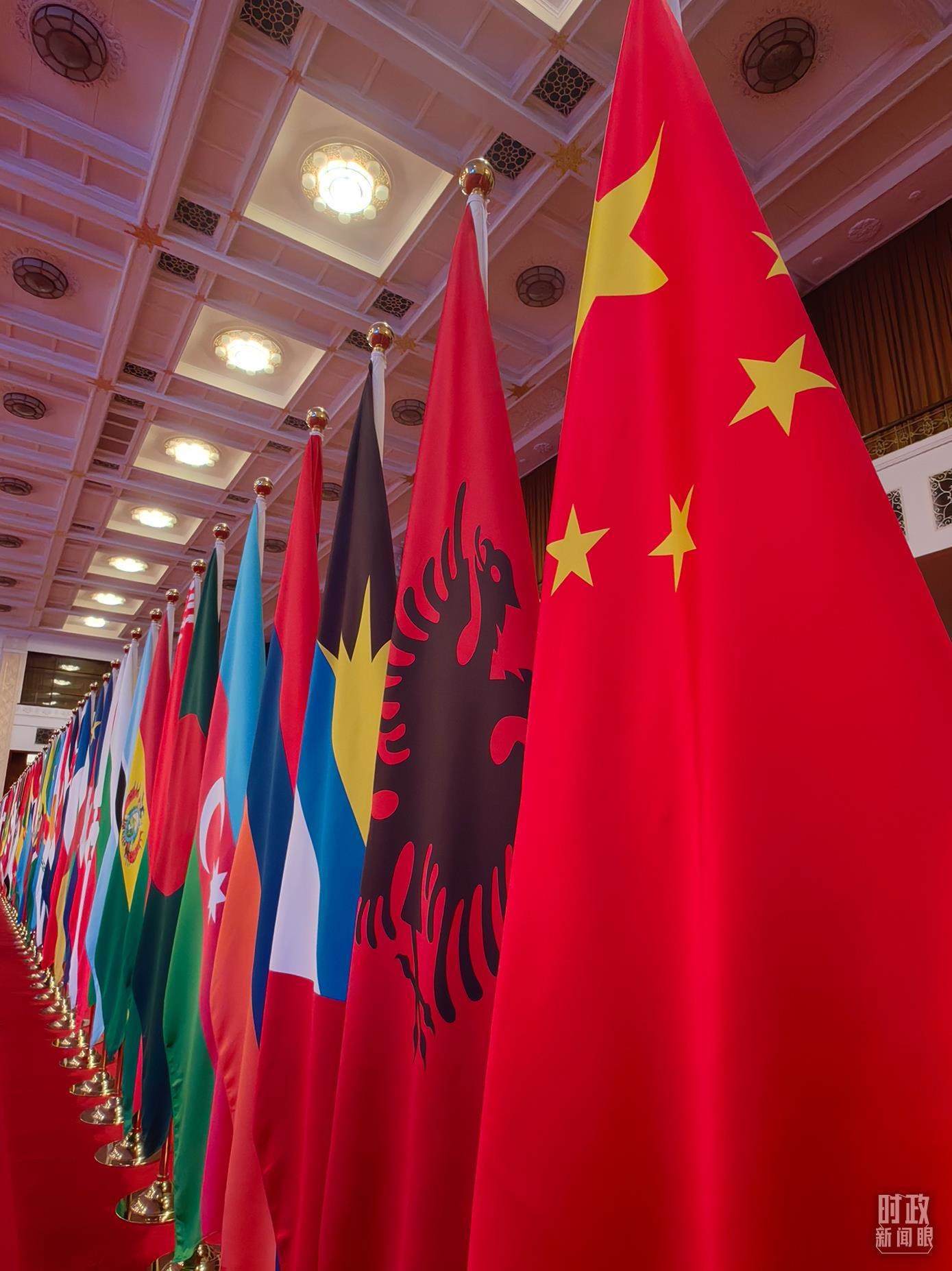 △開幕式會場內(nèi)整齊排列的旗幟。（總臺央視記者楊波拍攝）