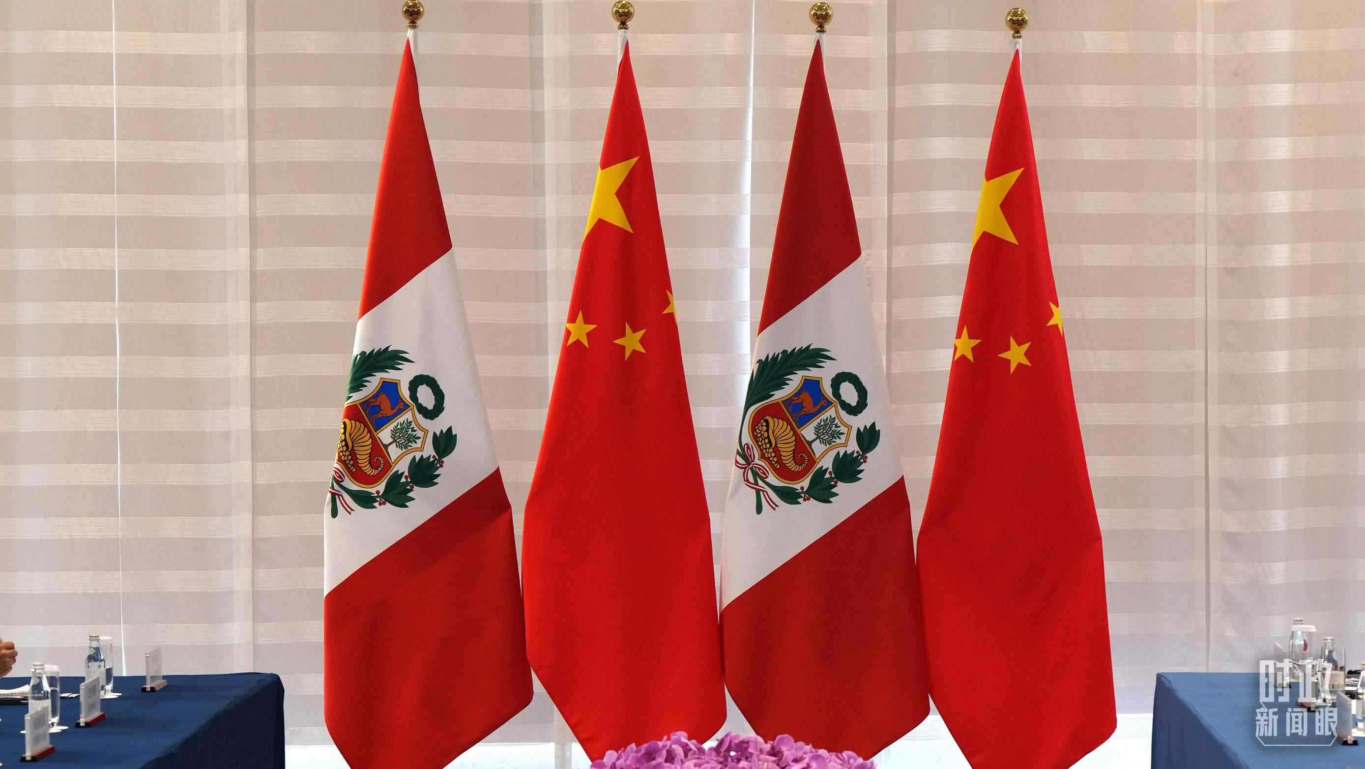 △會談現(xiàn)場的中秘兩國國旗。（總臺國廣記者李晉拍攝）