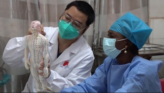 嘉興市中醫(yī)醫(yī)院郝亞波給當(dāng)?shù)刂种v解中醫(yī)經(jīng)絡(luò)。新華社發(fā)