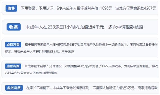 “人民投訴”用戶舉報(bào)身份認(rèn)證成擺設(shè)、大額充值無(wú)提醒、提供證據(jù)被駁回、商家設(shè)置退款障礙等未成年人網(wǎng)游消費(fèi)亂象。（“人民投訴”平臺(tái)截圖）