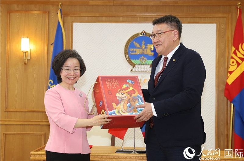 沈大使向扎布赫楞部長贈送吉祥龍。人民網(wǎng)記者 霍文攝