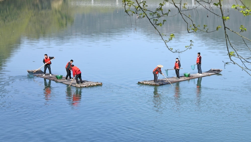 浙江省臺州市仙居縣步路鄉(xiāng)黨員志愿者與河長一起在永安溪巡河護(hù)水，清理雜物垃圾（2024年3月20日攝）。新華社發(fā)（王華斌攝）
