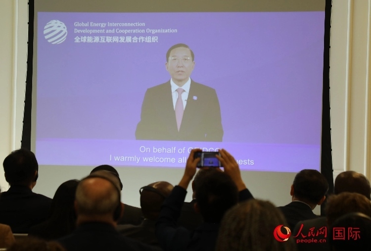 全球能源互聯(lián)網(wǎng)發(fā)展合作組織主席、中國電力企業(yè)聯(lián)合會(huì)理事長辛保安通過視頻方式致辭。人民網(wǎng)記者 李志偉攝