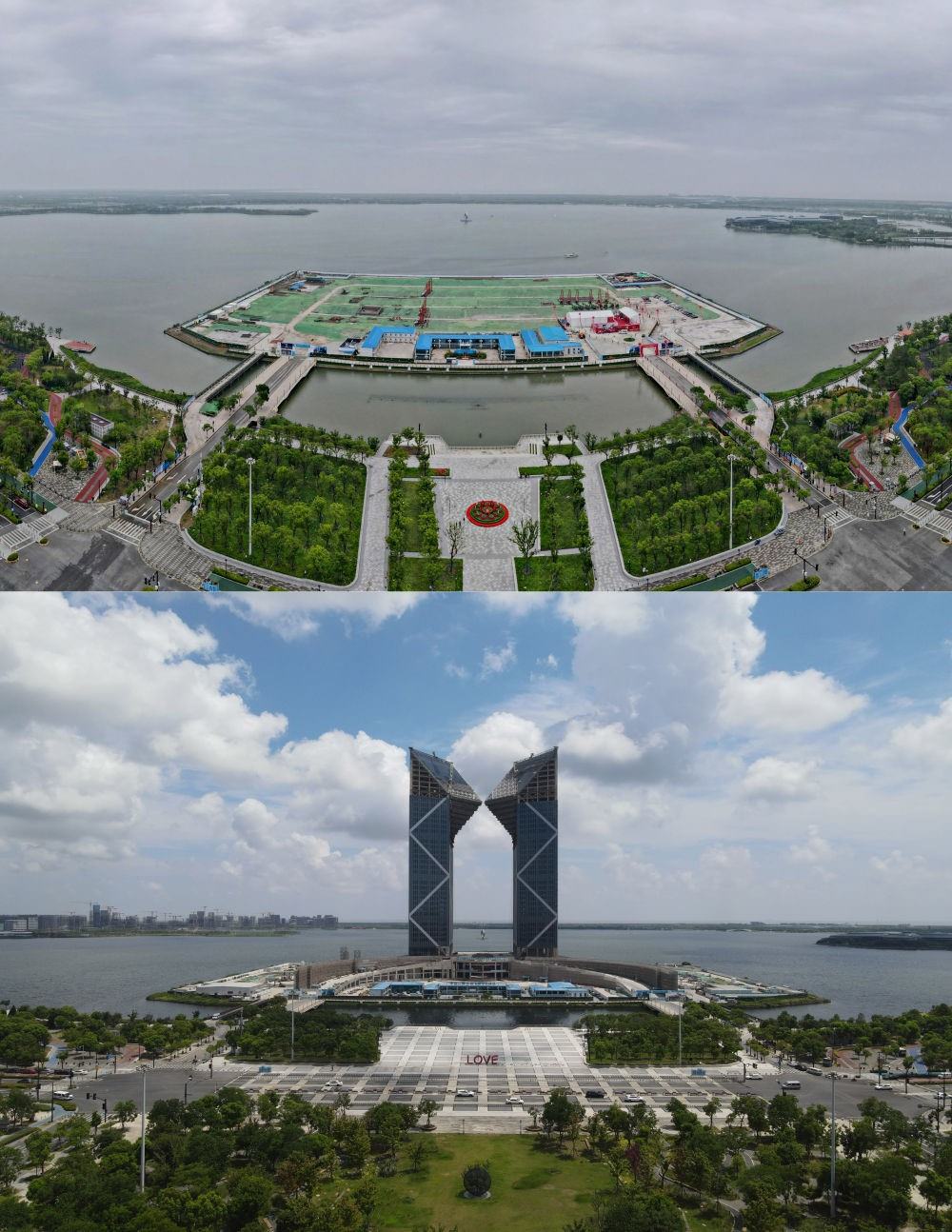 拼版照片：空中俯瞰中國（上海）自由貿(mào)易試驗區(qū)臨港新片區(qū)滴水湖西島中銀金融中心項目現(xiàn)場（上圖為2021年6月20日攝，無人機照片；下圖為2024年8月14日攝，無人機照片）。2019年8月20日，臨港新片區(qū)揭牌成立，一個開放新高地在長江與東海交匯處日益崛起。