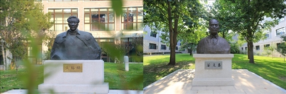 △左圖為中央黨校（國家行政學(xué)院）校園內(nèi)的焦裕祿雕塑，右圖為校園內(nèi)的谷文昌雕塑。