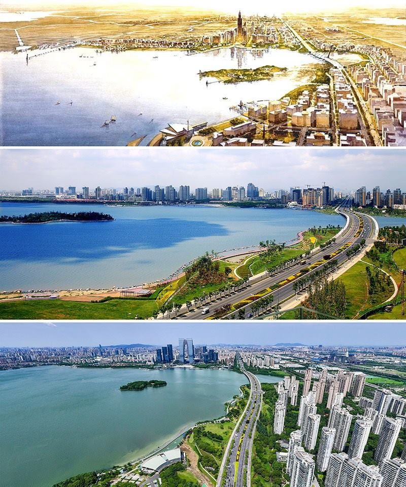 拼版照片：上圖為1994年繪制的蘇州工業(yè)園區(qū)手繪規(guī)劃圖；中圖為2007年拍攝的蘇州工業(yè)園區(qū)；下圖為2023年7月4日用無(wú)人機(jī)拍攝的蘇州工業(yè)園區(qū)。