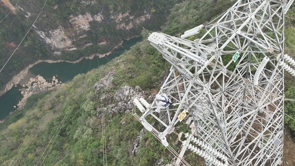 羅統(tǒng)在魯馬Ⅰ線1號塔上進行帶電作業(yè)。受訪者供圖