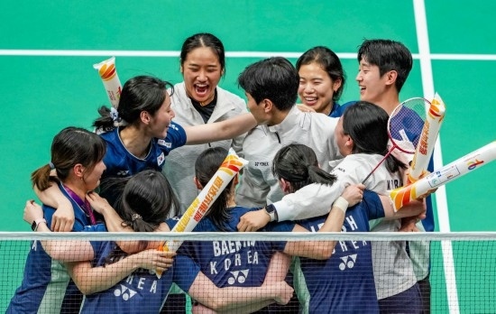 5月3日，韓國隊慶祝晉級決賽。新華社記者 孫非 攝