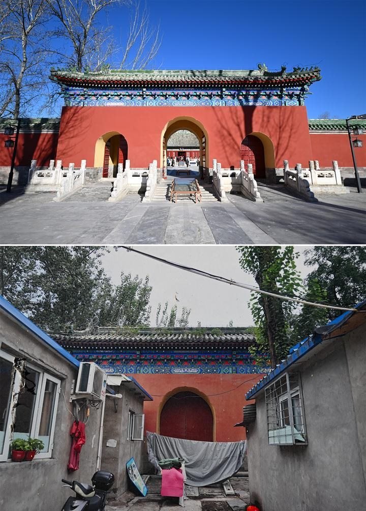 位于先農(nóng)壇內(nèi)的慶成宮，曾長(zhǎng)時(shí)間被雜亂的民居占據(jù)。在北京中軸線申遺保護(hù)工作的帶動(dòng)下，北京完成了慶成宮區(qū)域文物征收騰退、非文物建筑拆除、彩畫保護(hù)、本體修繕、展覽布陳等，讓560多年歷史的古建群重新回歸。2024年12月，北京中軸線上先農(nóng)壇內(nèi)的慶成宮首次面向社會(huì)公眾開放。上圖為騰退修繕后的慶成宮內(nèi)宮門（資料照片）；下圖為翻拍的慶成宮內(nèi)宮門騰退修繕前的資料照片（2024年12月21日攝）。